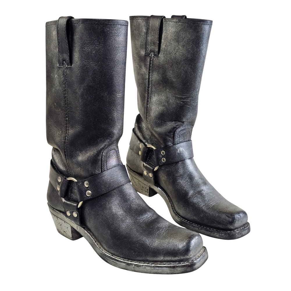 Vintage Black Leather Harness Biker Boots Square Toe Mid Calf USA Made 8.5 M